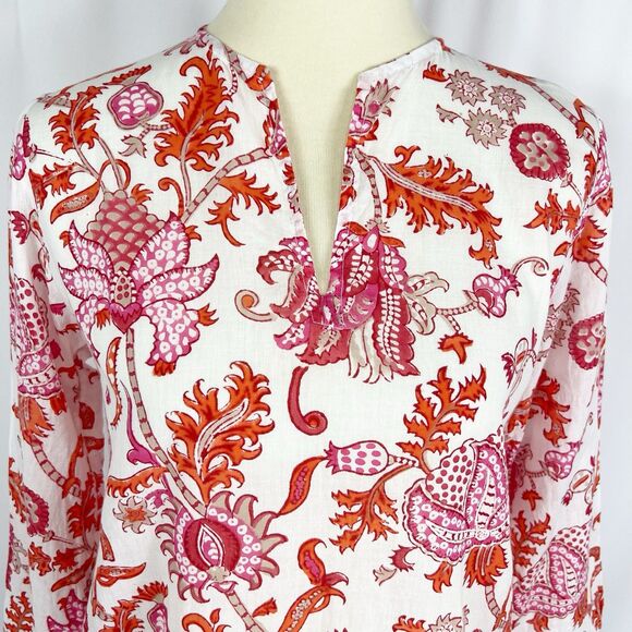 Roller Rabbit Amanda Kurta Paisley Orange V-Neck 3/4 Sleeve Tunic Small - Picture 2 of 10